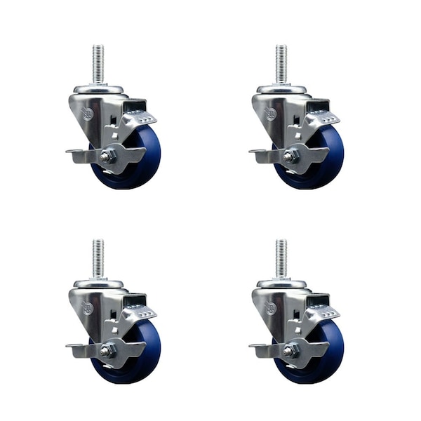 3 Inch Solid Polyurethane Wheel Swivel 34 Inch Threaded Stem Caster Set with Brake SCC